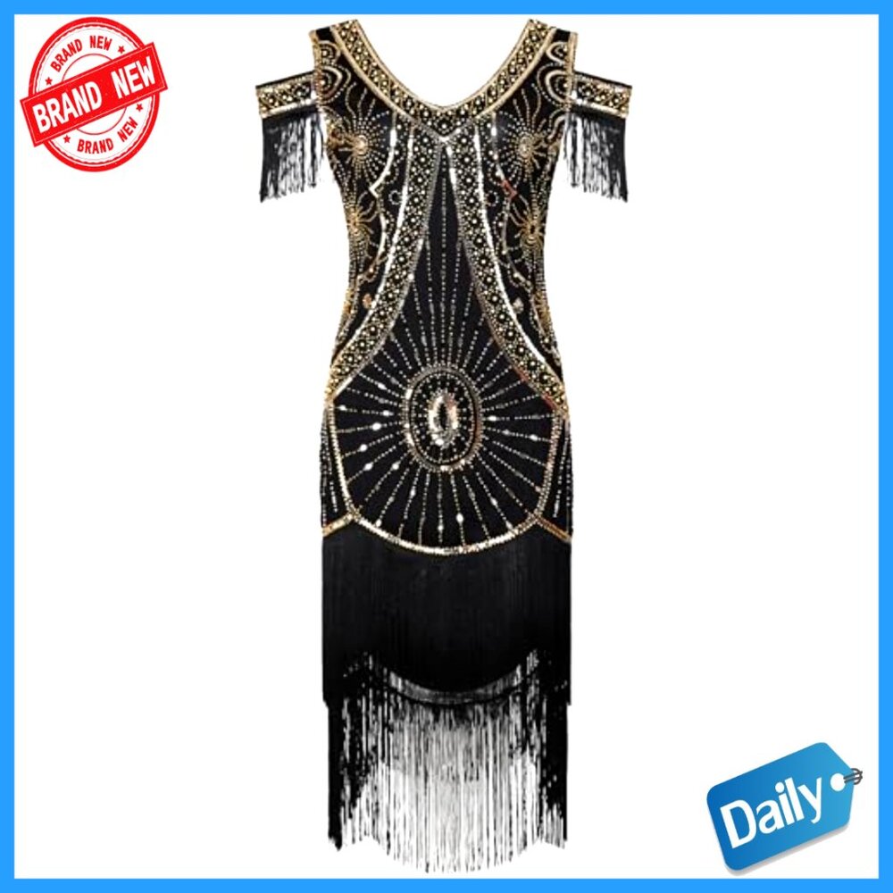 1920s Flapper Dress with Accessories Set, Mesh Fabric, Sequin Fringe - Picture 4 of 6